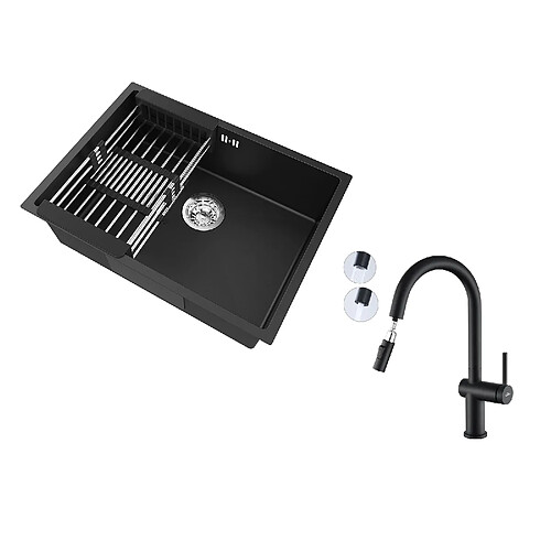 Auralum Max Évier Cuisine 1 Bac 60*44*20CM,inox 304,sous-plan avec Panier Drainage,Noir+Robinet de cuisine rétractable à deux fonctions, Noir