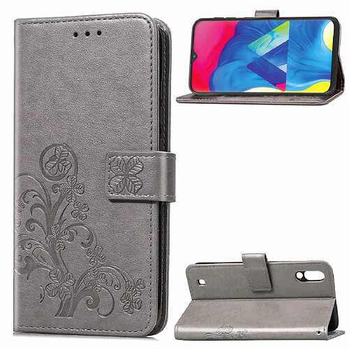 Wewoo Housse Coque Étui en cuir à Motif fleurs pressées Lucky Clover pour Galaxy M10avec porte-cartes et porte-cartesportefeuille et dragonne Gris