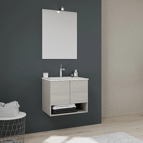 Kiamami Valentina MEUBLE DE BAIN SUSPENDU 60CM AVEC PORTES ET COMPARTIMENT OUVERT EN GRIS ASPECT BOIS | VENEZIA