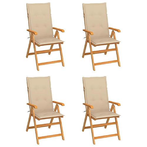 vidaXL Chaises de jardin lot de 4 avec coussins beige Bois teck solide