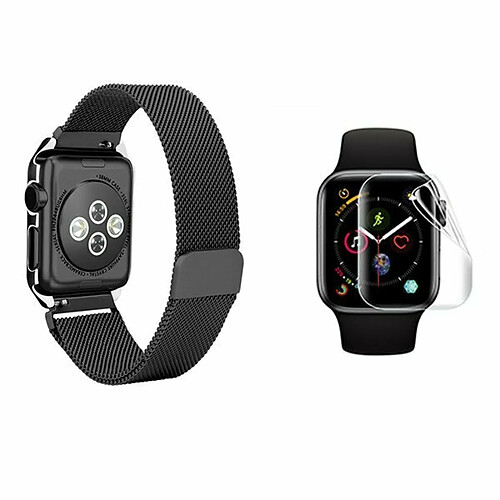 PHONECARE Kit Bracelet Milanais Avec Fermoir Magnétique + Film de Gel Full Cover pour Apple Watch Edition Series 7 - 41mm - Noir