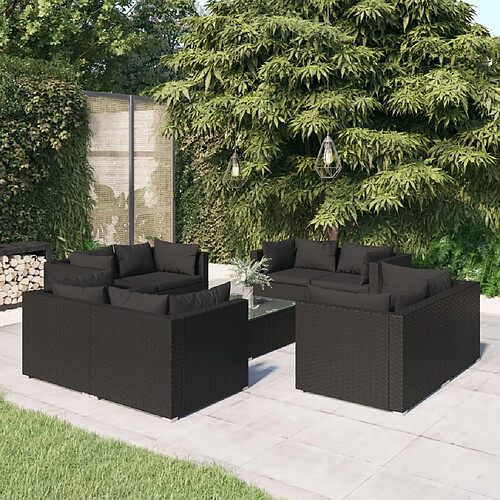 vidaXL Salon de jardin 9 pcs avec coussins Résine tressée Noir