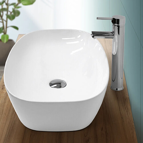 Ecd Germany Lavabo 605x380x140 mm en céramique blanche avec kit de vidange sans trop-plein