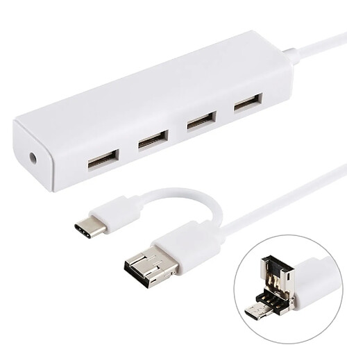 Wewoo 3 en 1 USB-C / Type C + Micro USB + 4 x Convertisseur de concentrateur USB 2.0, Longueur du câble: 12 cm (Blanc)