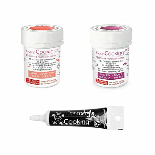 Scrapcooking 2 colorants alimentaires corail-pourpre + Stylo glaçage noir