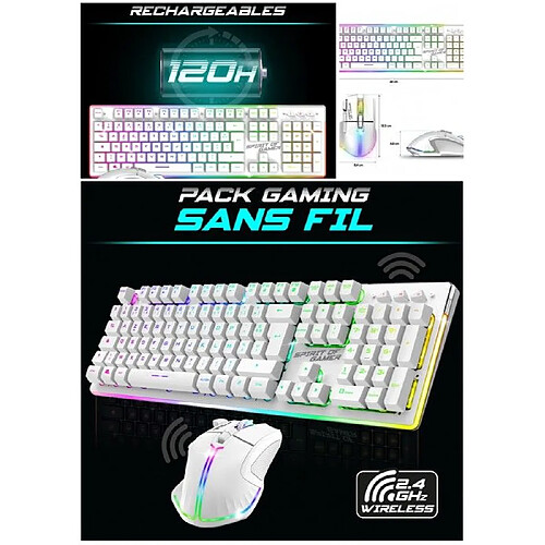 Spirit of Gamer Pack Clavier + SOURIS Blanc Sans fil Wireless RGB PRO + SOURIS sans fil + CLAVIER semi mécanique sans fil 4800DPI