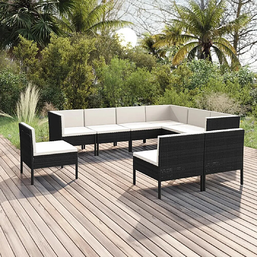 vidaXL Salon de jardin 9 pcs avec coussins Résine tressée Noir