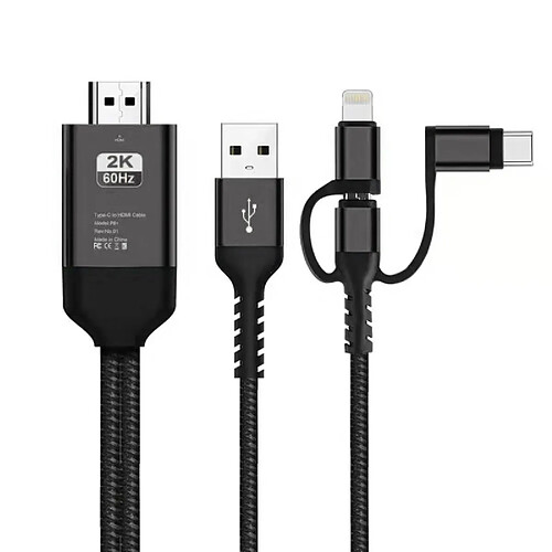 Wewoo 3 en 1 micro USB + câble HDTV HDMI / USB-C / Type-C + iPhone Lightning vers noir