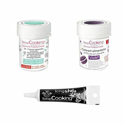 Scrapcooking 2 colorants alimentaires violet-vert d'eau + Stylo glaçage noir