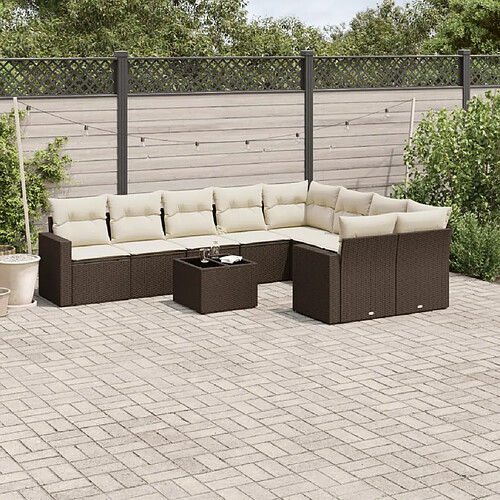 vidaXL Salon de jardin 10 pcs avec coussins marron résine tressée