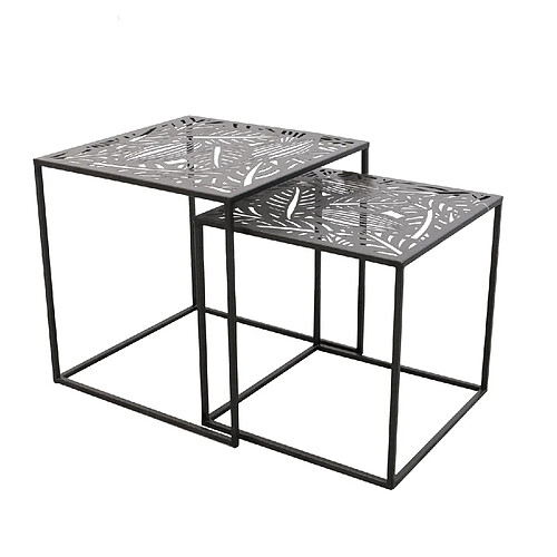 Toilinux Duo de tables d'appoint en métal Motifs feuilles - Noir