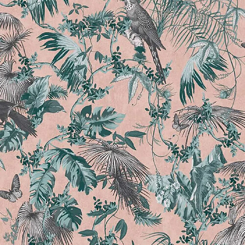 DUTCH WALLCOVERINGS Papier peint Feuilles et oiseaux Vert et rose