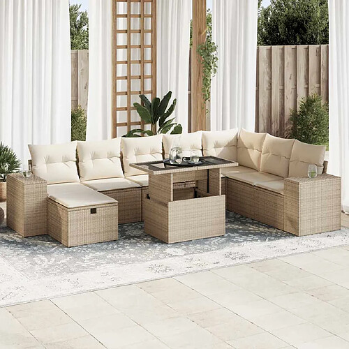 vidaXL Salon de jardin avec coussins 9 pcs beige résine tressée