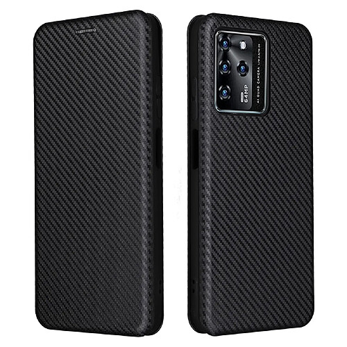 Coque en TPU + PU texture en fibre de carbone, anti-empreintes digitales, fermeture magnétique auto-absorbée avec support, noir pour votre ZTE Blade V30