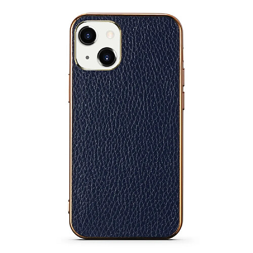 Coque en TPU + cuir véritable électroplaqué, texture litchi bleu pour votre Apple iPhone 13 6.1 pouces