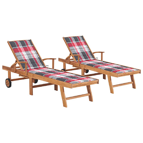 Helloshop26 Lot de 2 transats chaise longue bain de soleil lit de jardin terrasse meuble d'extérieur avec coussin carreaux rouge teck solide 02_0012030