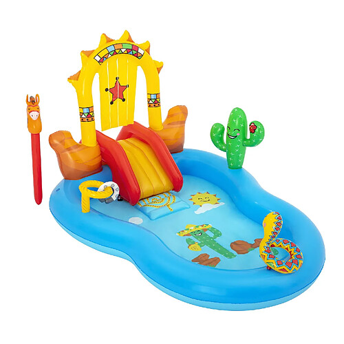 Piscine Gonflable Bestway Wild West Play Center 264x188x140 cm avec Bouée de Sauvetage, Cheval Gonflable et Toboggan