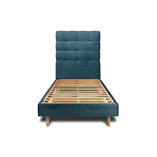 Sommeil de plomb Lit 90x200cm avec tête de lit capitonnée bouclette et sommier kit Bleu - Hauteur totale : 29cm