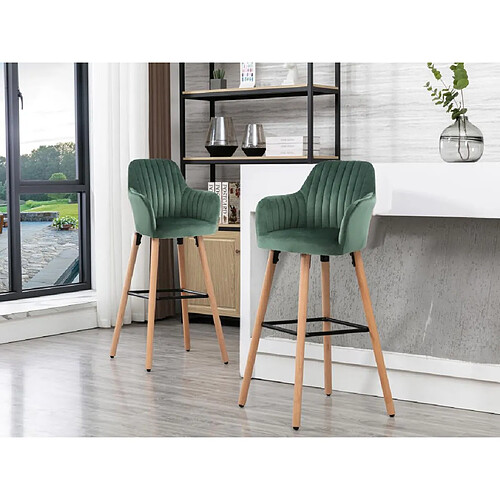 Vente-Unique Tabouret de bar en velours et pieds bois de hêtre - Vert foncé - ELEANA