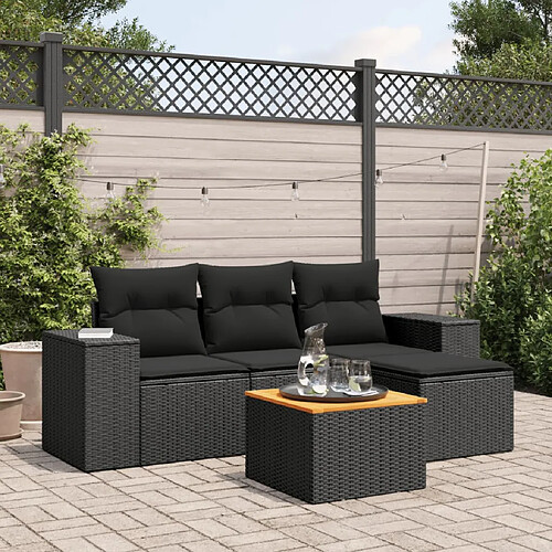 vidaXL Salon de jardin 5 pcs avec coussins noir résine tressée