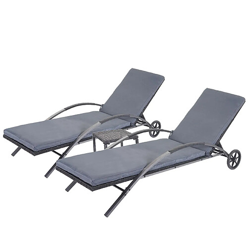 Decoshop26 Ensemble de 2 chaises longues de jardin transat bain de soleil avec petite table en polyrotin noir coussin gris foncé 04_0002962