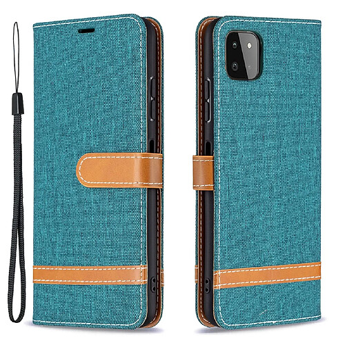 Etui en PU Tissu de jeans de couleurs assorties avec dragonne vert pour votre Samsung Galaxy A22 5G (EU Version)