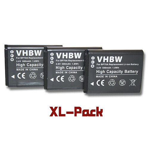 vhbw set 3 batteries 500mAh appareil photo Samsung L20, ES65, ES70, ES71, ES73, ES74, ES75, ES78, ES80, ES90 comme BP70a / BP-70a / SLB-70A / EA-BP70A