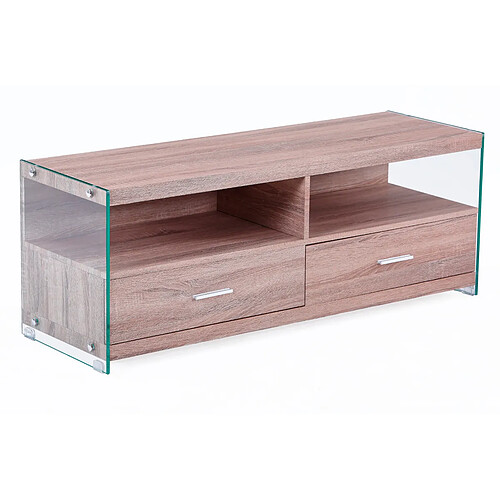 Pegane Meuble TV avec 2 tiroirs en bois / verre coloris chêne - Longueur 121 x profondeur 39 x hauteur 44 cm