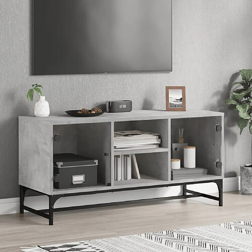 vidaXL Meuble TV avec portes en verre gris béton 102x37x50 cm