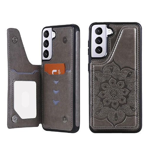 Coque en TPU + PU motif fleur, anti chute avec béquille et porte-cartes gris pour votre Samsung Galaxy S21 5G