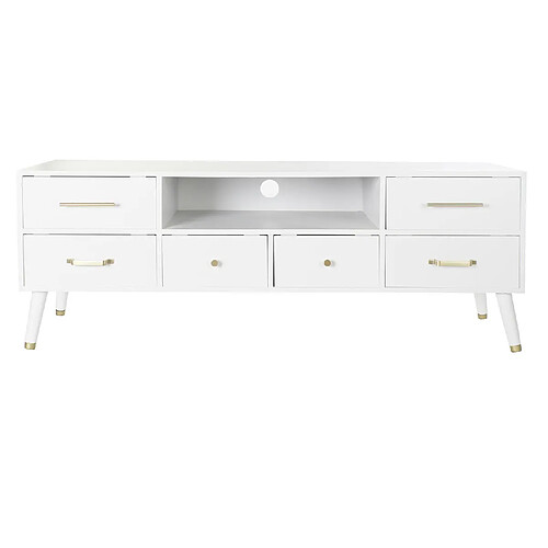 Pegane Meuble TV en bois MDF coloris blanc et métal doré - Longueur 140 x Profondeur 40 x hauteur 52 cm