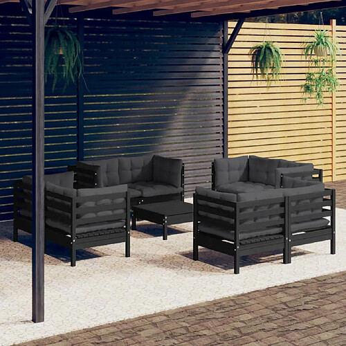 vidaXL Salon de jardin 9 pcs avec coussins anthracite bois de pin