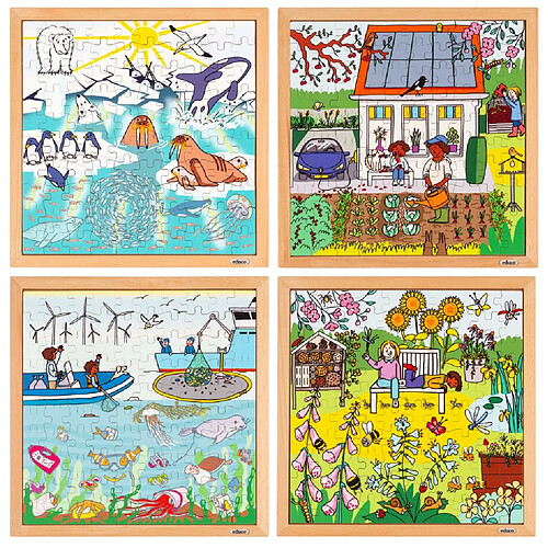 Educo Puzzle en bois - Puzzle nature et climat - le lot de 4 puzzles - jeu Montessori