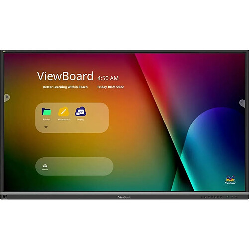 ViewSonic 75', 3840x2160, tactile IR 20 Points, Verre trempé 7H (AG), 450nits,1200:1, stockage 32GB, 4GB RAM, HDMI in x3, HDMI Out, SPDIFx1, Ecouteurs x1, USB-A x6, USB Type-C, RJ45 x2, haut-parleurs 15W x 2 + 16W x 1, Android 11, Noir, PC embarqué en option, modul