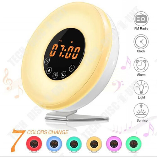 Tech Discount TD® Réveil Lumière, Lampe de Réveil Radio FM Veilleuse Réveil Lumineux Lampe de Chevet Sunrise Sunset Simulation Snooze RGB Blanc Ch