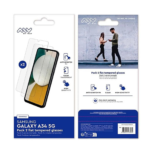 My Way Myway Pack 2 Verre Trempé pour Samsung Galaxy A34 5G Plat Anti-rayures Transparent