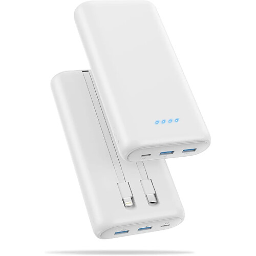 SANAG Batterie Externe 26800Mah Avec 2 Câble Intégré, Pd 25W Qc 4.0 Charge Rapide Batterie Portable Usb C Entrée & Sortie Power Bank Avec 5 Sorties 2 Entrées Compatible Avec Iphone Samsung Ipad-Blanc