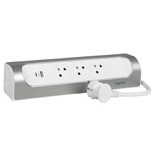 bloc multiprise - 3 x 2p+t - angle - usb - 1 mètres - blanc / alu - legrand 049406