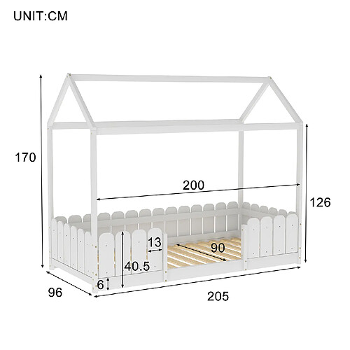 KOMHTOM Lit cabane enfant 90 x 200 cm - Bois pin massif Blanc - Sommier inclus - Style scandinave