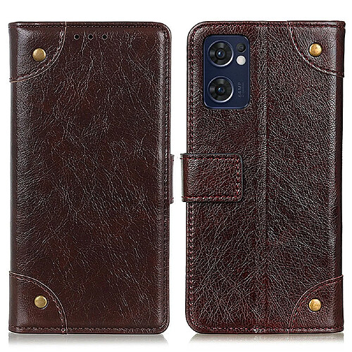 Etui en PU texture nappa, avec bouton décoratif en laiton, café pour votre Oppo Reno7 5G (Global)/Find X5 Lite