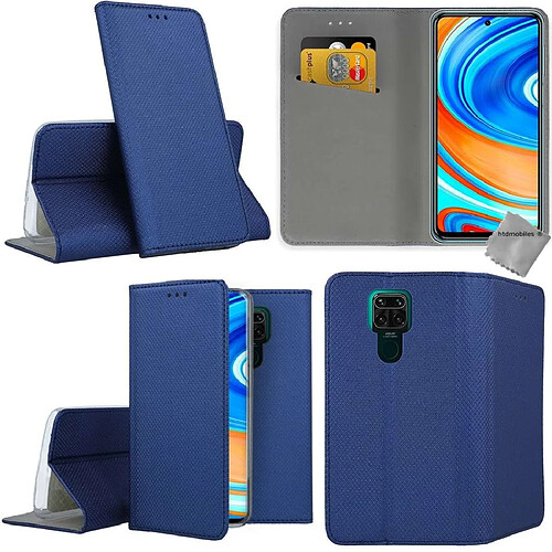 Htdmobiles Housse etui portefeuille avec coque intérieure en silicone pour Xiaomi Redmi Note 9 + film ecran - BLEU MAGNET