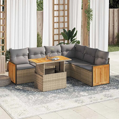 vidaXL Salon de jardin avec coussins 7 pcs beige résine tressée acacia