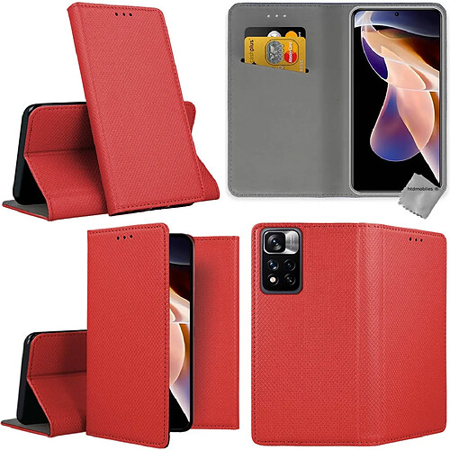 Htdmobiles Housse etui portefeuille avec coque intérieure en silicone pour Xiaomi Redmi Note 11 Pro+ Plus 5G + verre trempe - ROUGE MAGNET