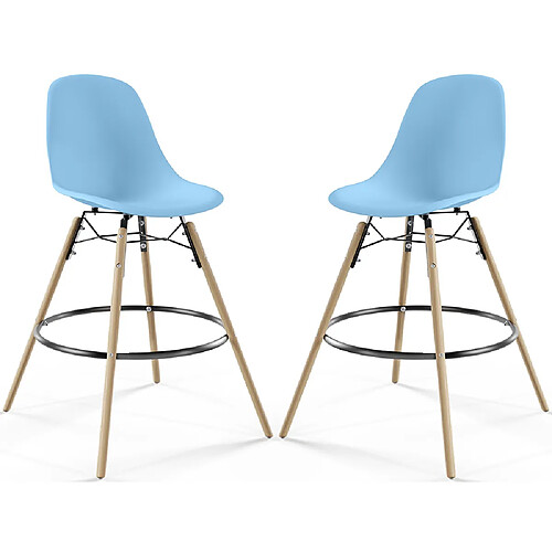 ICONIK INTERIOR Tabouret de Bar - Design Scandinave - Pieds en Bois - Lot de 2 - Skögur Bleu clair