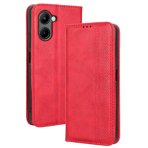 Etui en PU texture rétro, auto fermeture magnétique avec support pour votre Realme C33 4G - rouge