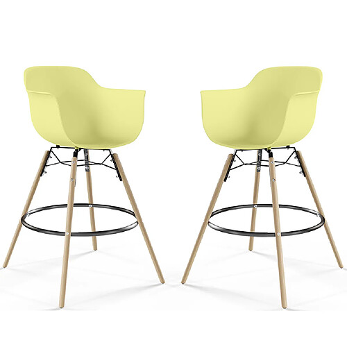 ICONIK INTERIOR Tabouret de Bar - Design Scandinave - Pieds en Bois - Lot de 2 - Nordika Jaune pâle