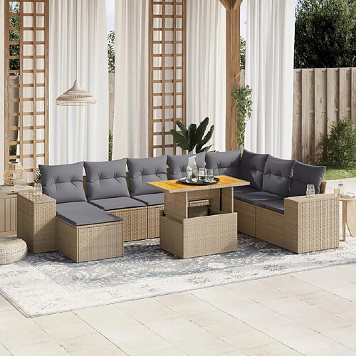 vidaXL Salon de jardin avec coussins 9 pcs beige résine tressée