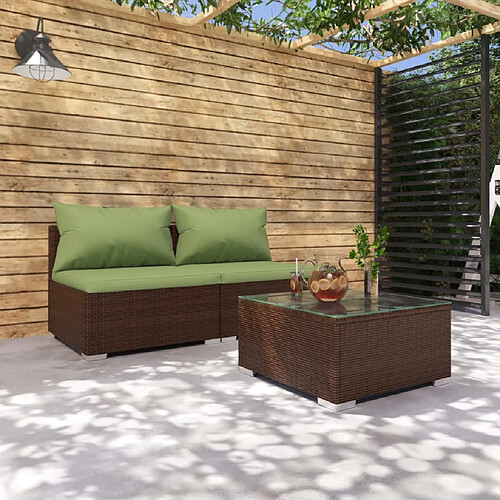 vidaXL Salon de jardin 3 pcs avec coussins Résine tressée Marron