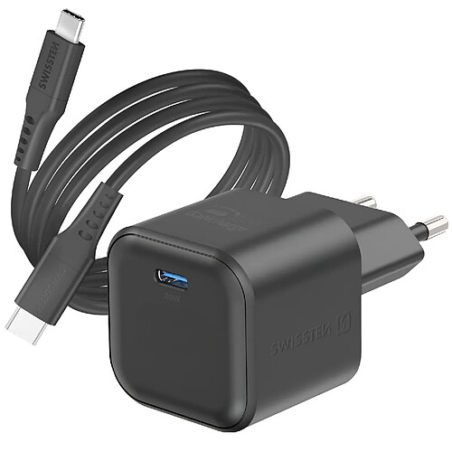 Swissten Chargeur USB C GaN 20W Compact avec Câble USB C 1.2m Noir