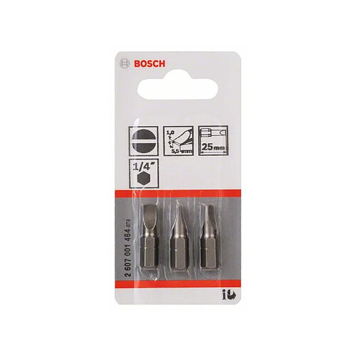 Lot de 3 embouts de vissage Extra-dure Tête fendue S1,0x5,5 à queue 6 pans mâle 1/4"" L 25 mm BOSCH 2607001464